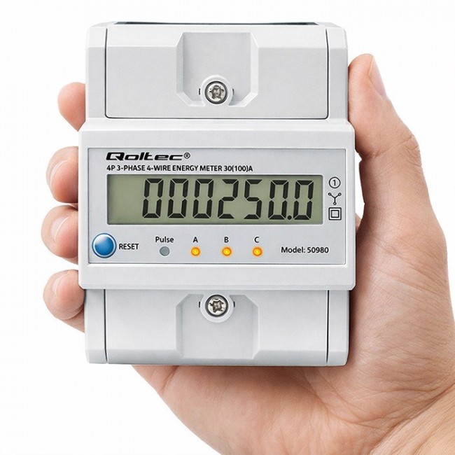Qoltec 50980 Three-phase electronic meter with reset | DIN rail energy consumption meter | 400V | 100A | LCD | LED | 4P