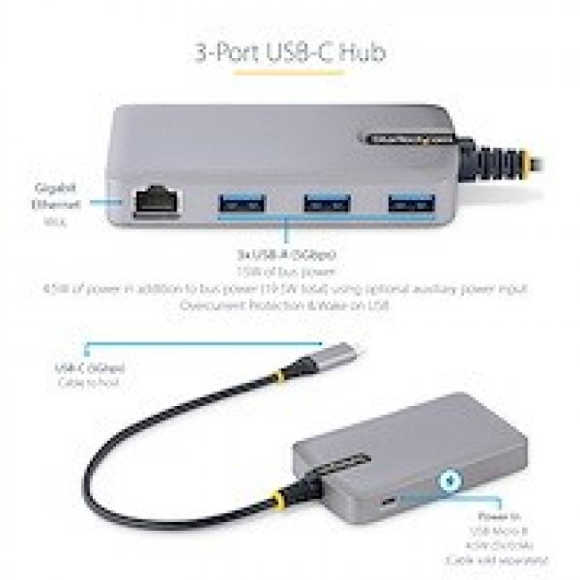 StarTech.com 3-Port USB-C Hub with Ethernet - 3x USB-A Ports, Gigabit Ethernet RJ45, USB 3.0 5Gbps, Bus-Powered, 1ft/30cm Long Cable - Portable Laptop USB Type-C Hub Adapter w/GbE