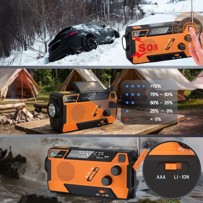 Extralink RADIO AWARYJNE SOLARNE Z KORBKA DYNAMO POWERBANK 4000MAH Z LATARKA SOS SR-4000 Portable Analog Black, Orange