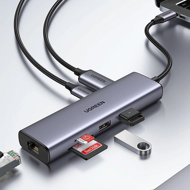 Ugreen CM512 90568 USB-C adapter 2 USB-A 3.0 / HDMI / RJ45 / SD and TF card reader / USB-C PD 100 W Grey