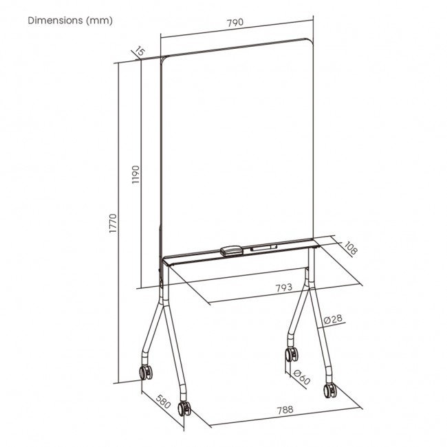 Ergo Office mobile dry erase board, vertical orientation, white, single sided, with shelf, board dimensions 1190x790mm, ER-305