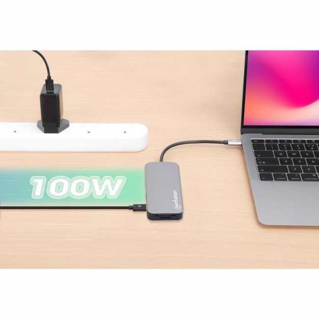 Manhattan USB-C Dock/Hub with Card Reader, Ports (x6): Ethernet, HDMI, USB-A (x3) and USB-C, With Power Delivery (100W) to USB-C Port (Note additional USB-C wall charger and USB-C cable needed), Universal for all devices, Cable 15cm, Aluminium, Silver