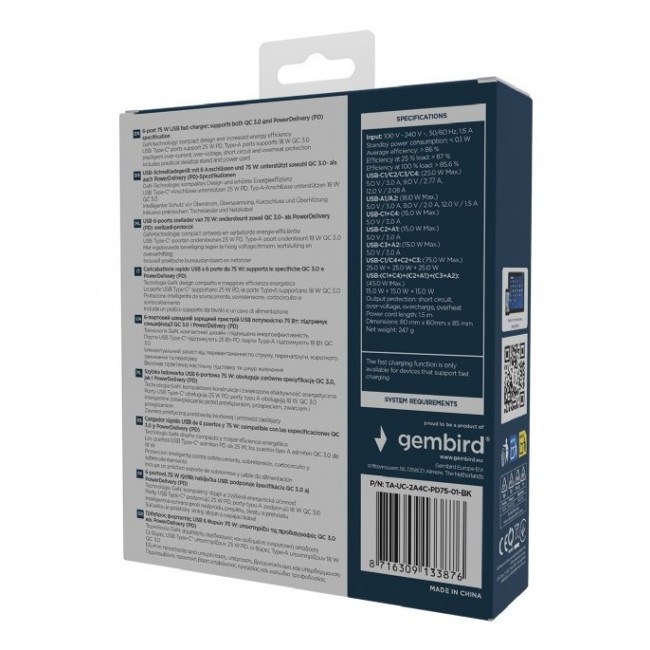 Gembird TA-UC-2A4C-PD75-01-BK mobile device charger Universal Black AC Fast charging Indoor