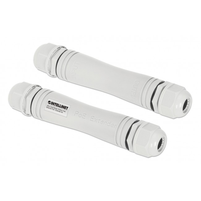 Intellinet Ultra Long Range Outdoor Fast Ethernet PoE+ Extender Kit Extends PoE up to 1000 m (3280 ft.), One PD Port up to 95 W, IEEE 802.3bt (4PPoE) Compatible, IP67 Waterproof and Dustproof, Set of Two Modules, Plastic, Gray