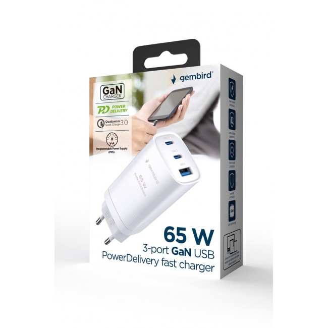 Gembird TA-UC-PDQC65-01-W 3-port 65 W GaN USB PowerDelivery fast charger, white Gembird TA-UC-PDQC65-01-W 3-port 65 W GaN USB PowerDelivery fast charger, white