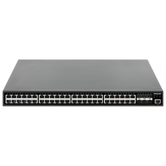 Intellinet 48-Port Gigabit Ethernet PoE+ Layer 2+ Managed Switch with Six 10G SFP+ Uplinks IEEE 802.3at/af (PoE+/PoE) Compliant, 450 W PoE Power Budget, Layer 2+/Layer 3 Lite, 6 x 10G SFP+ Open