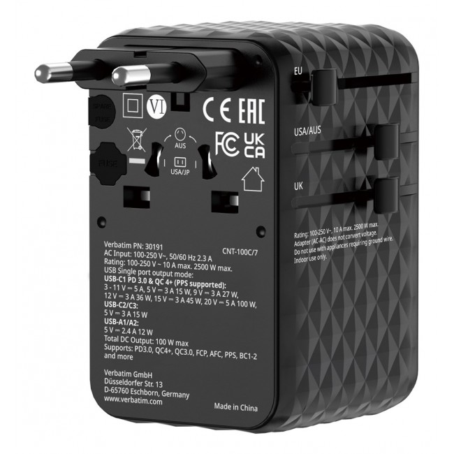Verbatim Charge 'n' Travel 100W Universal Travel Adapter with retractable cable Black