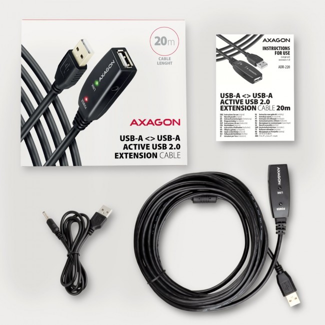 Axagon ADR-220 USB 2.0 A-M - A-F active extension/repeater cable 20m