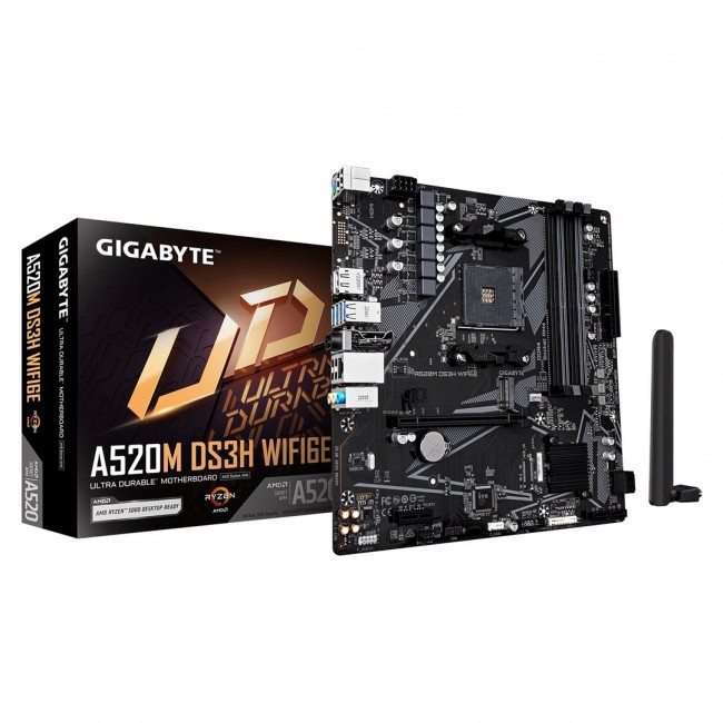GIGABYTE A520M DS3H WIFI6E Motherboard - Supports AMD Ryzen 5000 Series AM4 CPUs, up to 4733MHz DDR4 (OC), 1xPCIe 3.0 M.2, WIFI 6E, GbE LAN, USB 3.2 Gen 1 GIGABYTE A520M DS3H WIFI6E Motherboard - Supports AMD Ryzen 5000 Series AM4 CPUs, up to 4733MHz DDR4 (OC), 1xPCIe 3.0 M.2, WIFI 6E, GbE LAN, USB 3.2 Gen 1