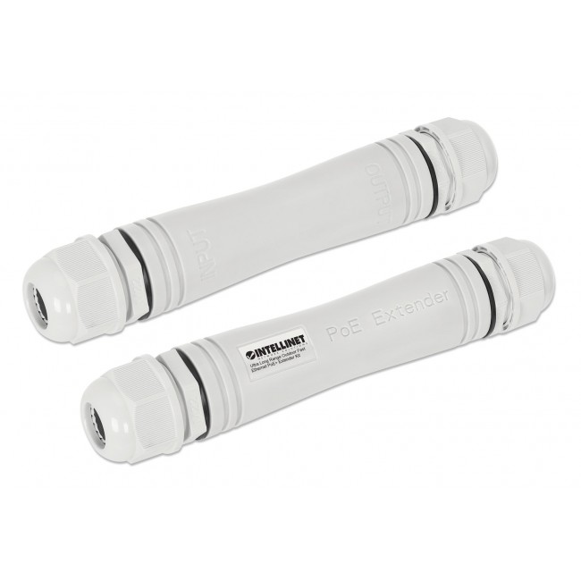 Intellinet Ultra Long Range Outdoor Fast Ethernet PoE+ Extender Kit Extends PoE up to 1000 m (3280 ft.), One PD Port up to 95 W, IEEE 802.3bt (4PPoE) Compatible, IP67 Waterproof and Dustproof, Set of Two Modules, Plastic, Gray