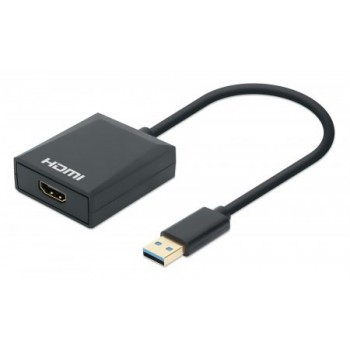 Manhattan USB-A to HDMI Cable, 1080p@60Hz, Converts USB 3.2 Gen1 (aka USB 3.0) signal to HDMI, 15cm, Black, Male to Female, Three Year Warranty