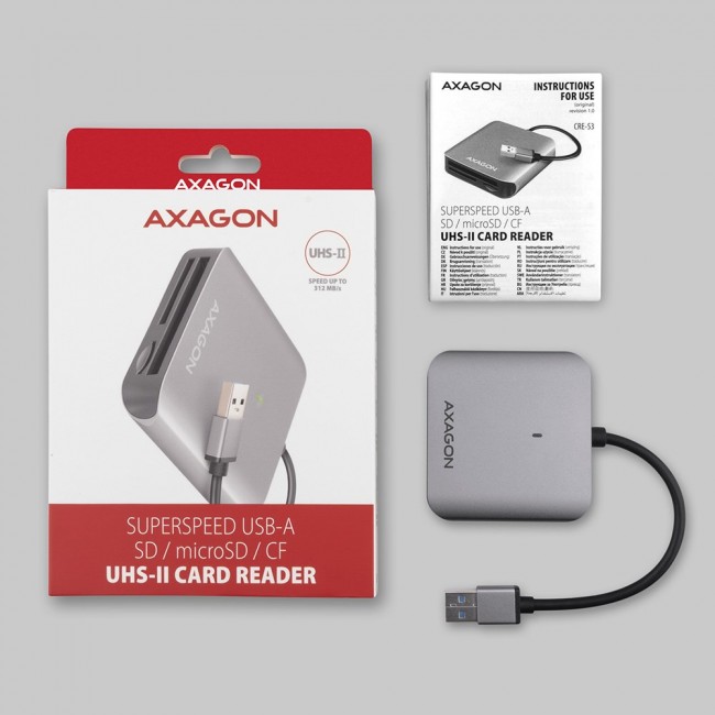 Axagon CRE-S3 External USB-A 3.2 Gen 1 3-slot & lun SD/microSD/CF card reader USB 3.2 Gen 1 (3.1 Gen 1) Type-A Grey Axagon CRE-S3 External USB-A 3.2 Gen 1 3-slot & lun SD/microSD/CF card reader USB 3.2 Gen 1 (3.1 Gen 1) Type-A Grey