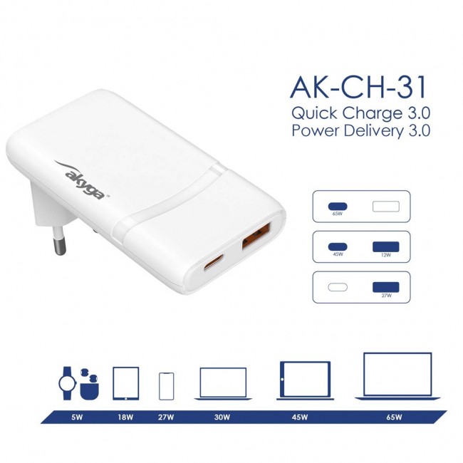 Akyga USB-A + USB-C charger AK-CH-31