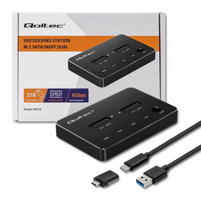 Qoltec 2x SSD M.2 SATA Disk Docking Station | NGFF | USB Type-C