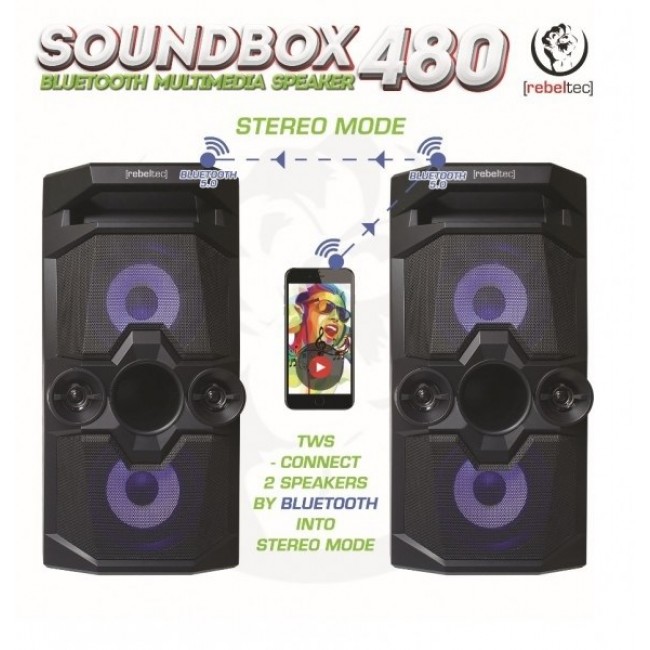 Rebeltec SoundBox 480 Portable Bluetooth Stereo Speaker Black, 50W RMS Rebeltec SoundBox 480 Portable Bluetooth Stereo Speaker Black, 50W RMS