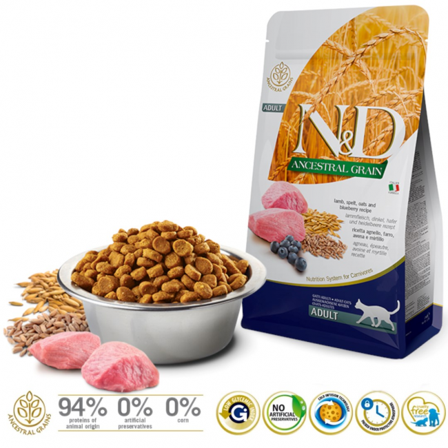 FARMINA N&D ANCESTRAL GRAIN CAT LAMB. SPELT. OATS AND BLUEBERRY ADULT 1.5kg