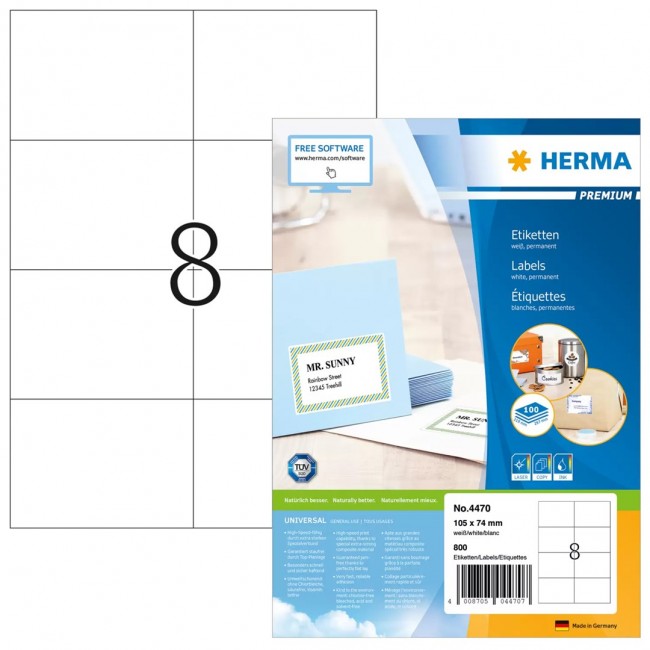 HERMA Labels Premium A4 105x74 mm white paper matt 800 pcs. HERMA Labels Premium A4 105x74 mm white paper matt 800 pcs.