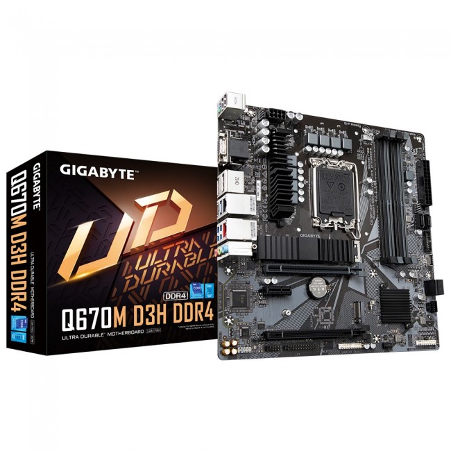 GIGABYTE Q670M D3H DDR4 Motherboard - Supports Intel Core 14th CPUs, 6+1+1 Phases Hybrid Digital VRM, up to 5333MHz DDR4 (OC), 2xPCIe 4.0 M.2, 2.5GbE LAN, USB 3.2 Gen 2 GIGABYTE Q670M D3H DDR4 Motherboard - Supports Intel Core 14th CPUs, 6+1+1 Phases Hybrid Digital VRM, up to 5333MHz DDR4 (OC), 2xPCIe 4.0 M.2, 2.5GbE LAN, USB 3.2 Gen 2