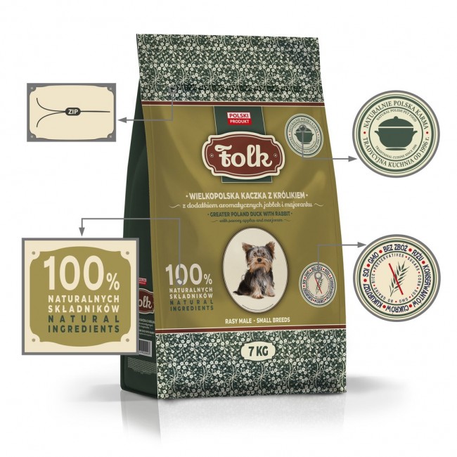 FOLK Small breeds Traditional Greater Poland duck with rabbit, apples and marjoram - dry dog food - 7kg FOLK Small breeds Traditional Greater Poland duck with rabbit, apples and marjoram - dry dog food - 7kg