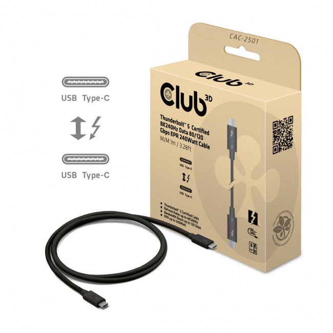 CLUB3D Thunderbolt 5 Certified 8K240Hz Data 80/120 Gbps EPR 240 Watt Cable M/M 1m / 3.28ft