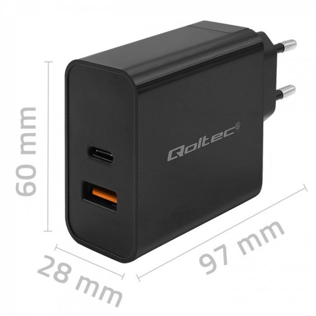 Qoltec Super Quick PD Charger | 1xUSB-C | 1xUSB | 90W | 5-20V | 2.4-4.35A | Black