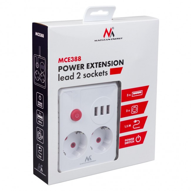 Maclean power strip, extension cord 2 sockets + 3xUSB, 110-240V AC 50/60Hz, 2.1A max 2500W, 1.5m, white, MCE387 W Maclean power strip, extension cord 2 sockets + 3xUSB, 110-240V AC 50/60Hz, 2.1A max 2500W, 1.5m, white, MCE387 W
