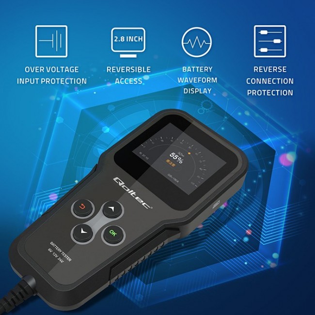 Qoltec Digital 3-in-1 Battery Tester with LCD | Polish Menu | 6V | 12V | 24V | 10Ah-200Ah