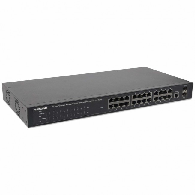 Intellinet 24-Port Gigabit Ethernet PoE+ Web-Managed Switch with 2 SFP Ports, 24 x PoE ports, IEEE 802.3at/af Power over Ethernet (PoE+/PoE), 2 x SFP, Endspan, 19