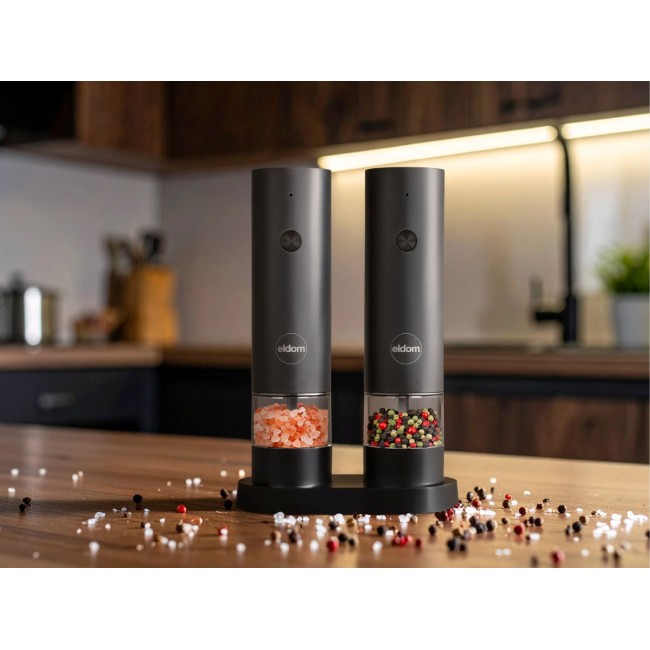 ELDOM ZMP5 BATTERY-POWERED PEPPER AND SALT GRINDER SET WITH STAND, BLACK