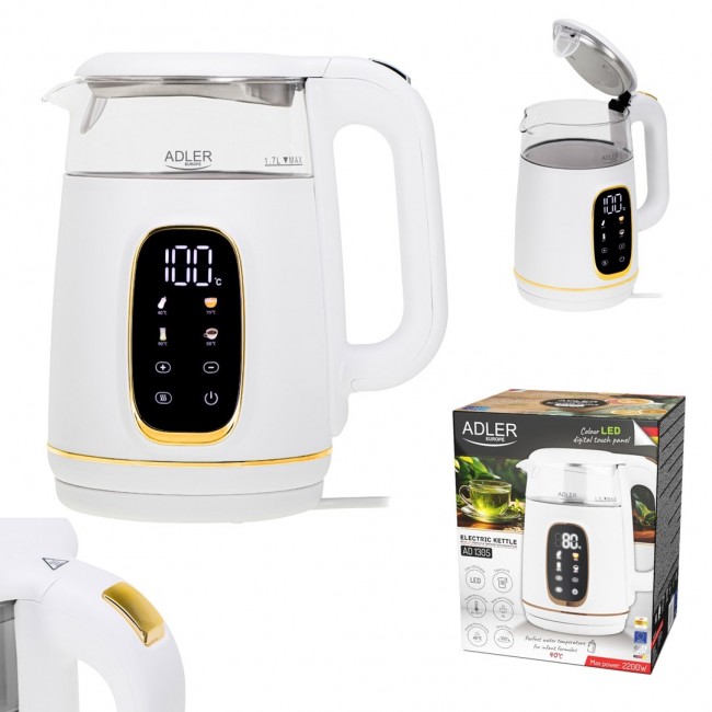 Adler AD 1305WG electric kettle 1.7 L 2200 W Transparent, Gold, White