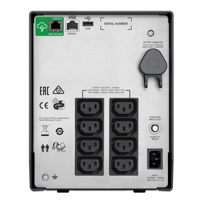 APC Smart-UPS C, Line Interactive, 1000VA, Tower, 230V, 8x IEC C13 outlets, SmartConnect port, USB and Serial communication, AVR, Graphic LCD
