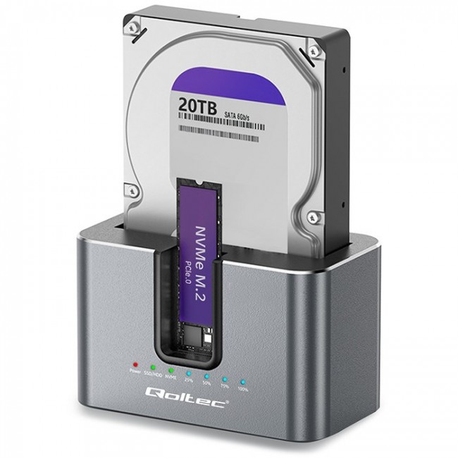 Qoltec 52631 HDD SSD doscking station | SATA | M.2 NVMe | cloning | USB-C | 10Gb/s | 28TB