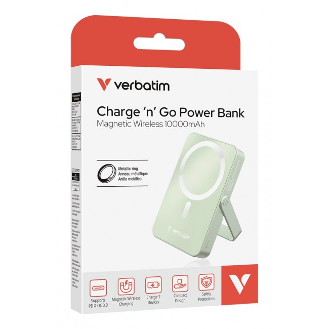Verbatim Charge 'n' Go Magnetic Wireless Power Bank with stand - 10000 mAh Green