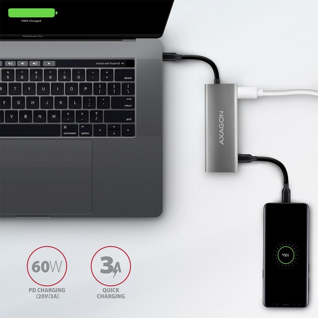 Axagon HMC-5G2 USB 10Gbps hub, 2x USB-A, 2x USB-C, HDMI 4k/60Hz, PD 100W, USB-C cable