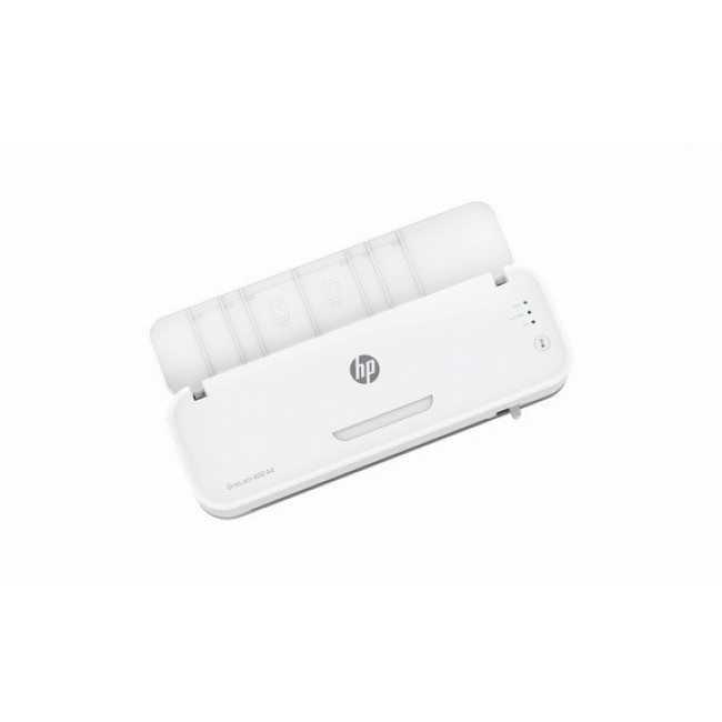 HP ONELAM 400 A4 laminator, Hot/Cold, integrated trimmer, corner rounder, speed 40 cm/min + 15 pouches: 3xA4, 4xA5, 4xA6, 4xB-CARD, white