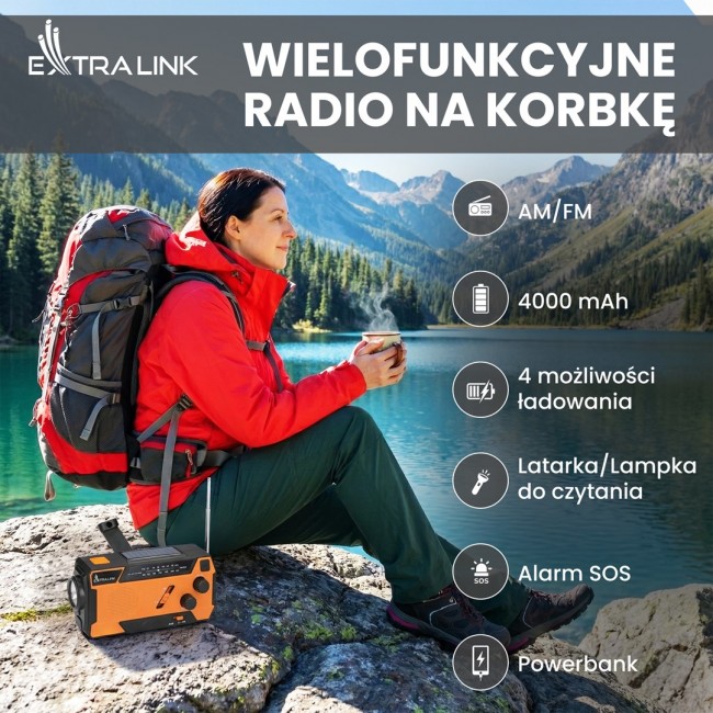 Extralink RADIO AWARYJNE SOLARNE Z KORBKA DYNAMO POWERBANK 4000MAH Z LATARKA SOS SR-4000 Portable Analog Black, Orange