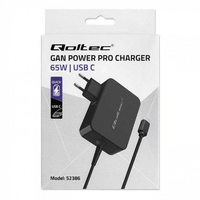Qoltec 52386 GaN POWER PRO charger | 1xUSB-C | 65W | 5-20V | 3-3.25A | Black Qoltec 52386 GaN POWER PRO charger | 1xUSB-C | 65W | 5-20V | 3-3.25A | Black