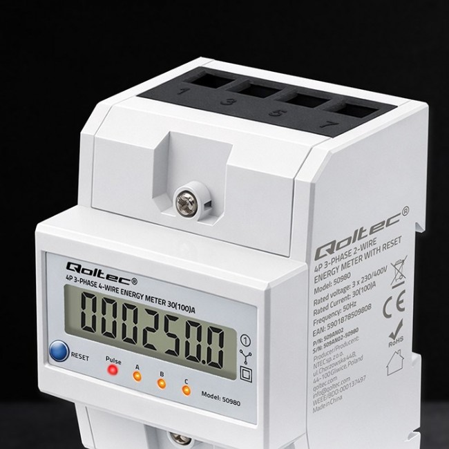 Qoltec 50980 Three-phase electronic meter with reset | DIN rail energy consumption meter | 400V | 100A | LCD | LED | 4P