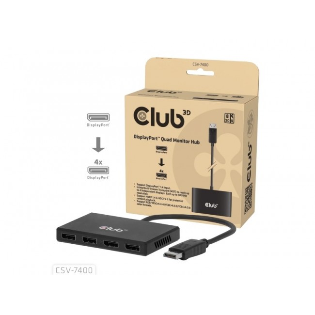 CLUB3D Quad DisplayPort Hub 4 x 4K Resolution @ 30Hz, MST Support