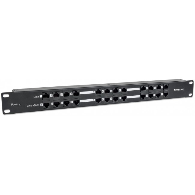 Intellinet PoE Patch Panel, 24 Port Patch Panel with 12 port RJ45 Data In and 12 port RJ45 Data and Power Out, Passive Power over Ethernet Delivered on 12 Ports, 1U, CAT5e