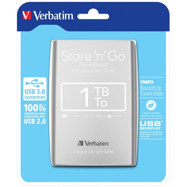 Verbatim Store 'n' Go USB 3.0 Portable Hard Drive 1TB Silver Verbatim Store 'n' Go USB 3.0 Portable Hard Drive 1TB Silver