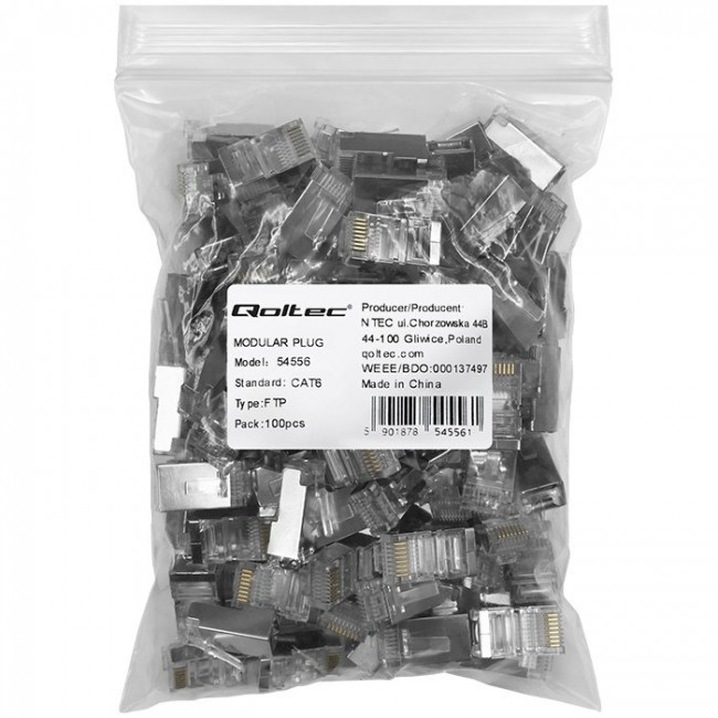 Qoltec 54556 RJ45 modular connector | CAT6 | FTP |Gold-plated contacts | 100 pieces