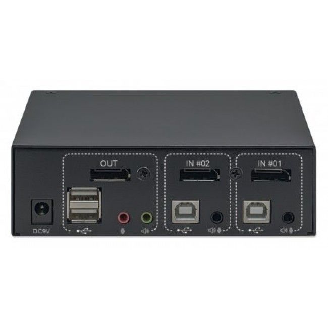 Manhattan DisplayPort 1.2 KVM Switch 2-Port, 4K@60Hz, USB-A/3.5mm Audio/Mic Connections, Cables included, Audio Support, Control 2x computers from one pc/mouse/screen, USB Powered, Black, Three Year Warranty