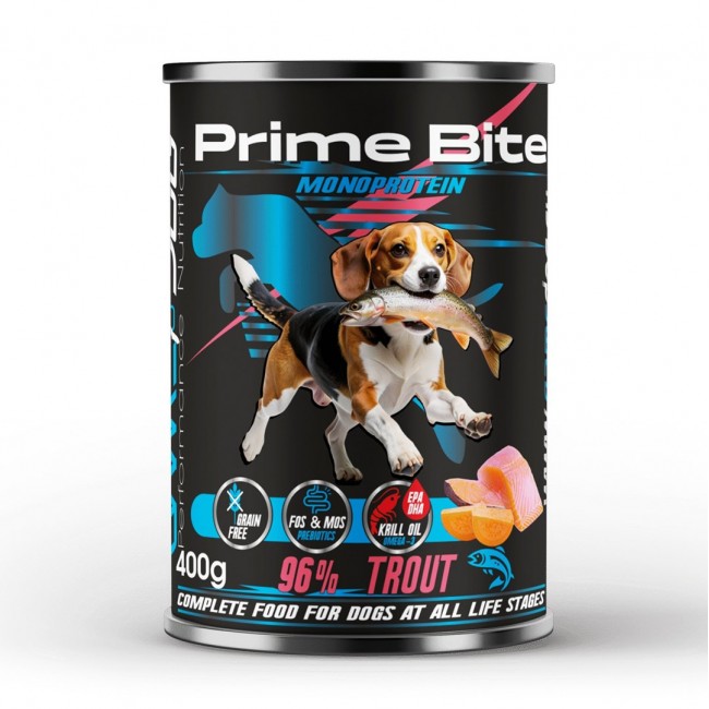 PRIME BITE Monoprotein Trout with sweet potato - wet dog food - 400g