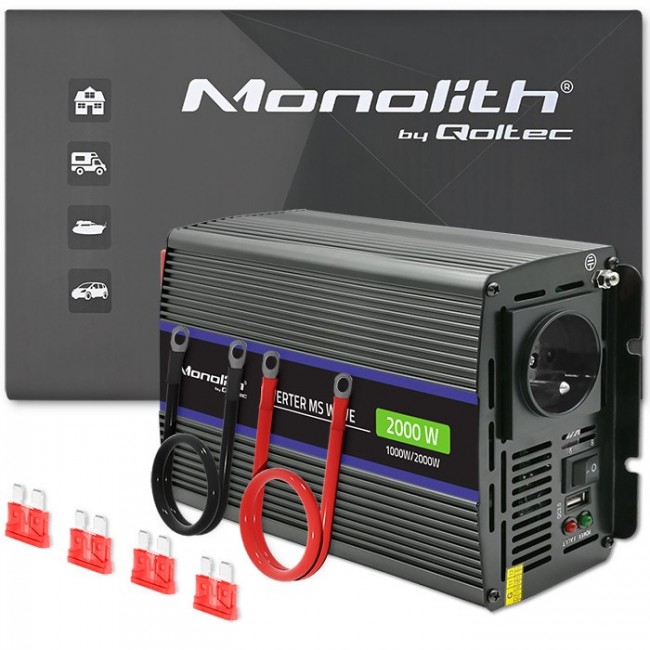 Qoltec Monolith 2000 MS Wave Voltage Converter | 12V to 230V | 1000/2000W | USB Qoltec Monolith 2000 MS Wave Voltage Converter | 12V to 230V | 1000/2000W | USB