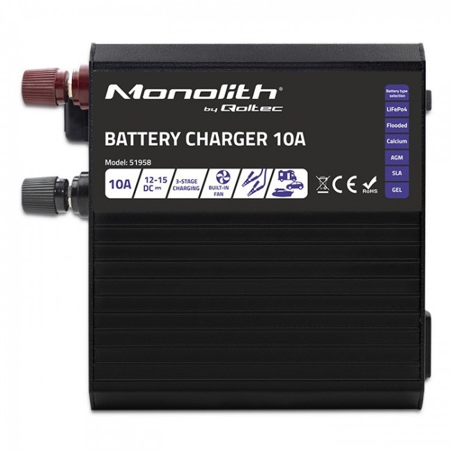Qoltec 51958 Smart Monolith charger for LiFePO4 AGM GEL SLA batteries | 10A | 12V
