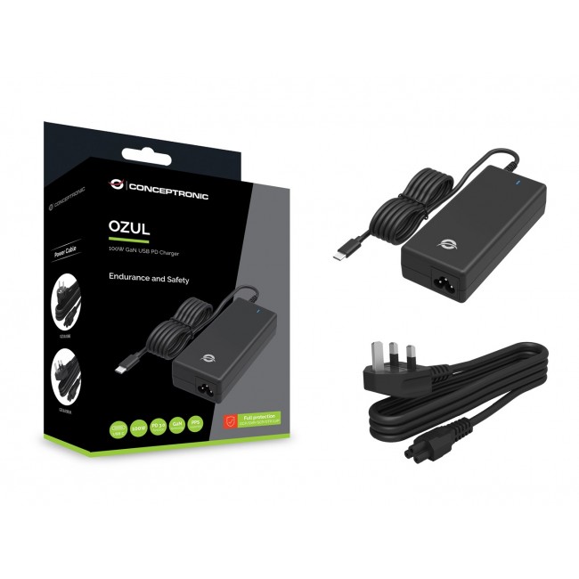 Conceptronic OZUL03BUK 100W GaN Desktop USB PD Charger, Built-in USB-C Cable, UK plug