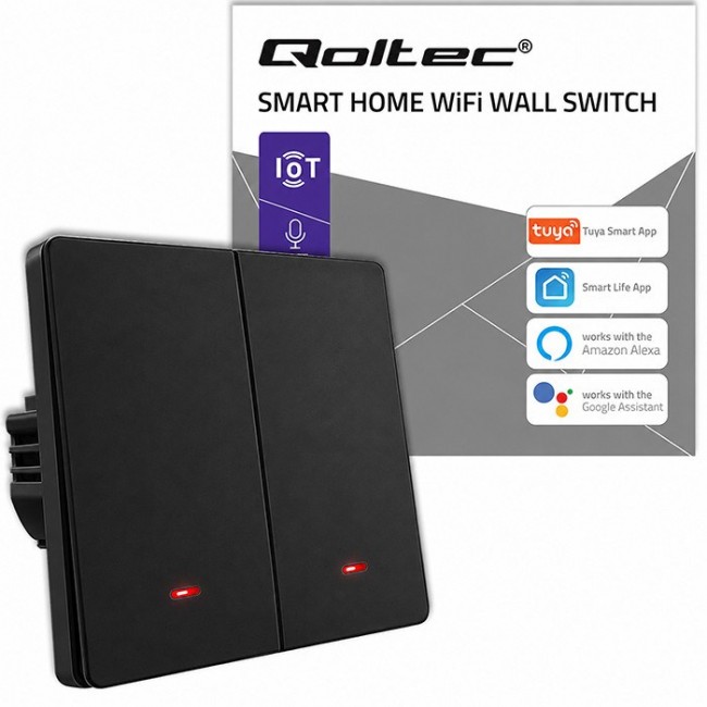 Qoltec 52708 Smart 2-Gang Light Switch | Wi-Fi | Timer | Tuya | Smart life | Black