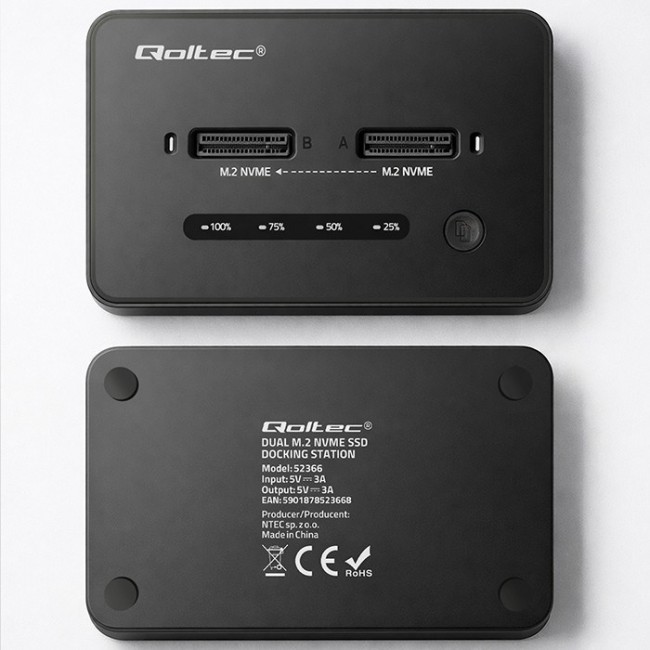 Qoltec 52366 M.2 NVMe SSD Docking Station | PCIe | USB-C | 20 Gb/s | DUAL 2 x 8TB | Offline cloning
