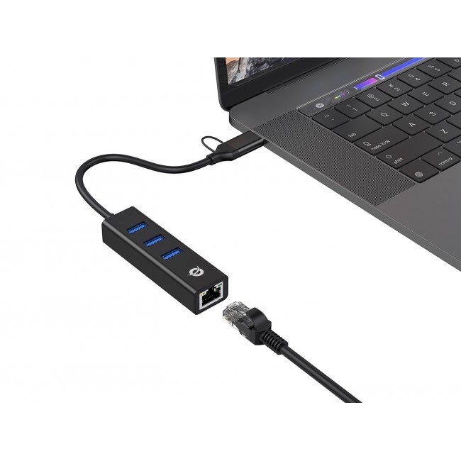 Conceptronic DONN07BA USB to Gigabit Network Adapter with 3-Port USB Hub, USB-A x 3, Wake-on-LAN, 2-in-1 USB-C USB-A Cable